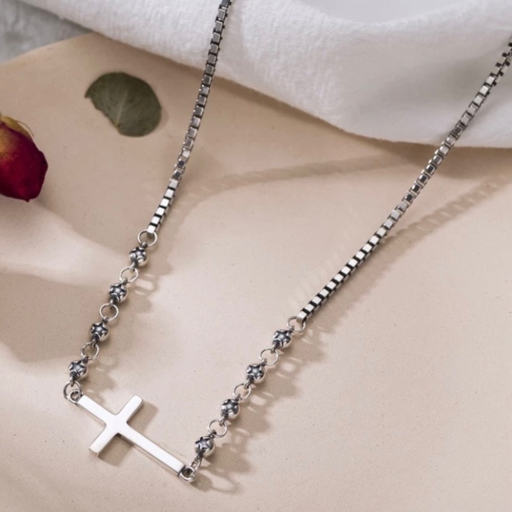 NEW 925 Sterling Silver Beaded Cross Chain Necklace